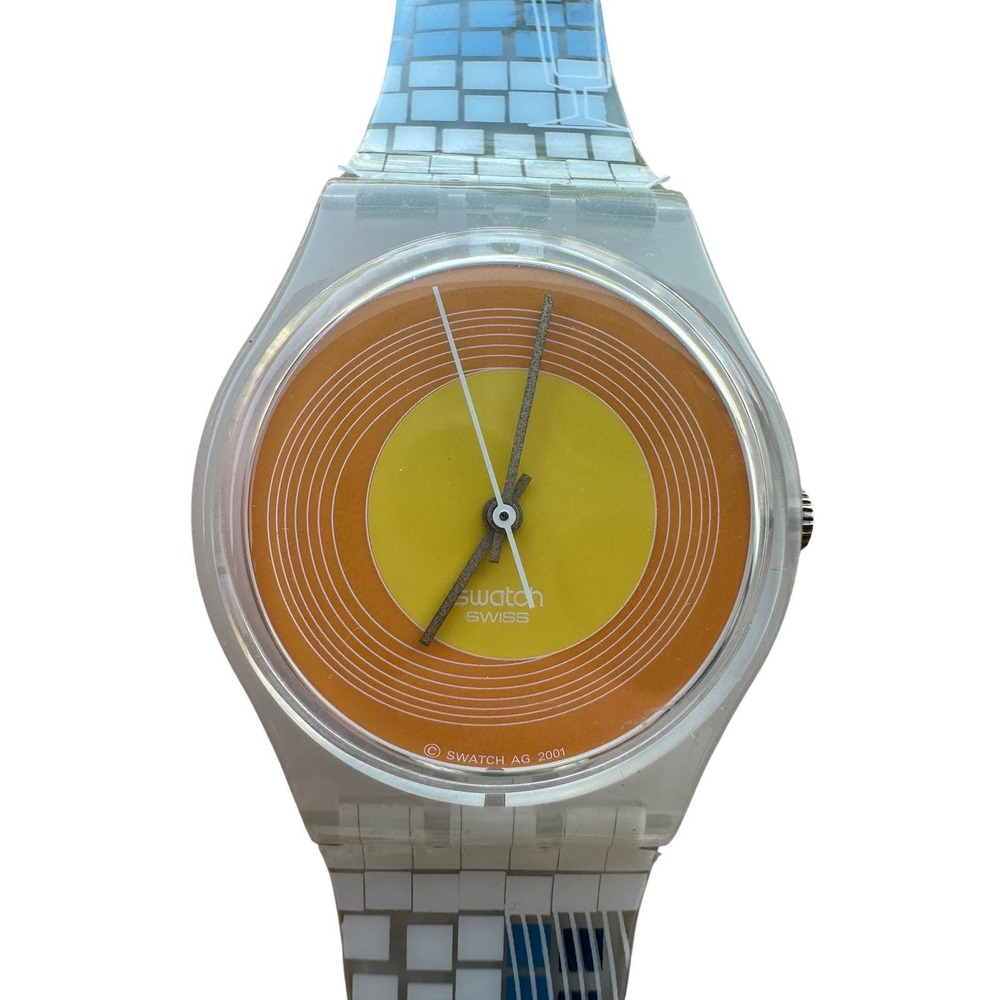 Swatch Mozaico GW133 Vintage 2001 Swiss Quartz Watch Orange Yellow Mosaic Strap